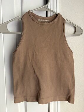 Chelsea DeBoer Racerback Sleeveless Ribbed High-Neck Tank in Taupe